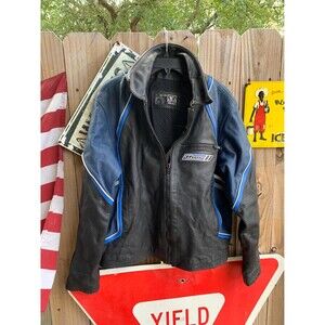 Vintage Black and Blue Leather Motorcycle Racing Jacket - Size L